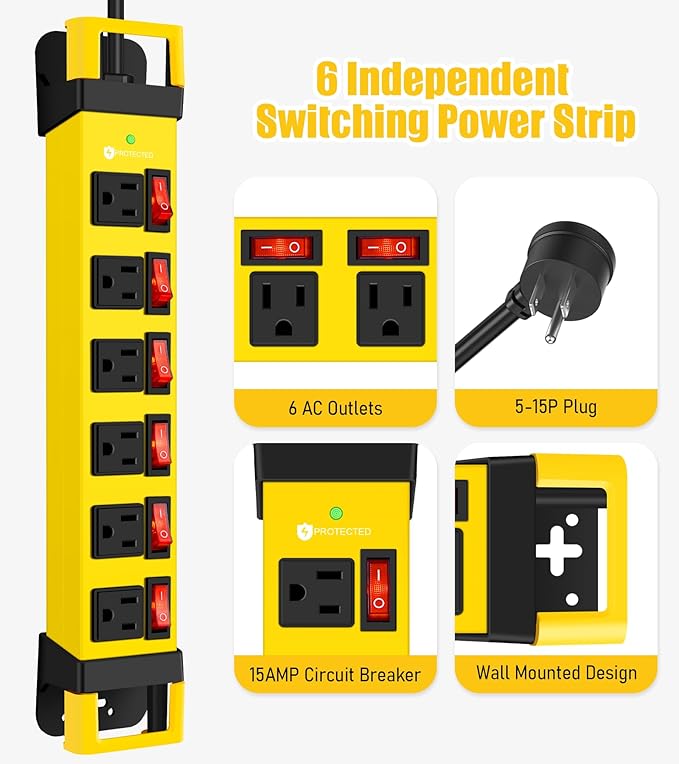 Heavy Duty Power Strip,6 Outlets Metal Power Strip with Individual Switch & Cord Management,Mountable Surge Protector 1200J,15FT Extension Cord(Yellow,15 FT)