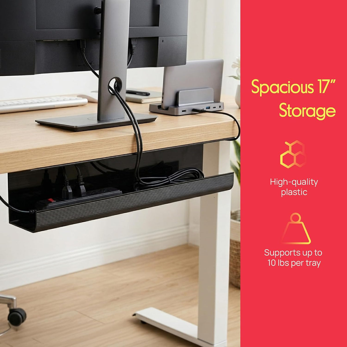 Pyle 2-Pack 17" Under Desk Cable Management Tray, Under Desk Cable Organizer with Adhesive Mount, Wire Management Under Desk for Home Office & Gaming Setup, Durable Plastic, 20 lb Capacity, Black