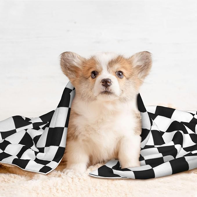 Double Sided Pet Mat for Dog Bed Topper Cat Blanket Furniture Protector, Black and White Checkered, Reversible Plush with Tactile Dot Pattern for Style Change