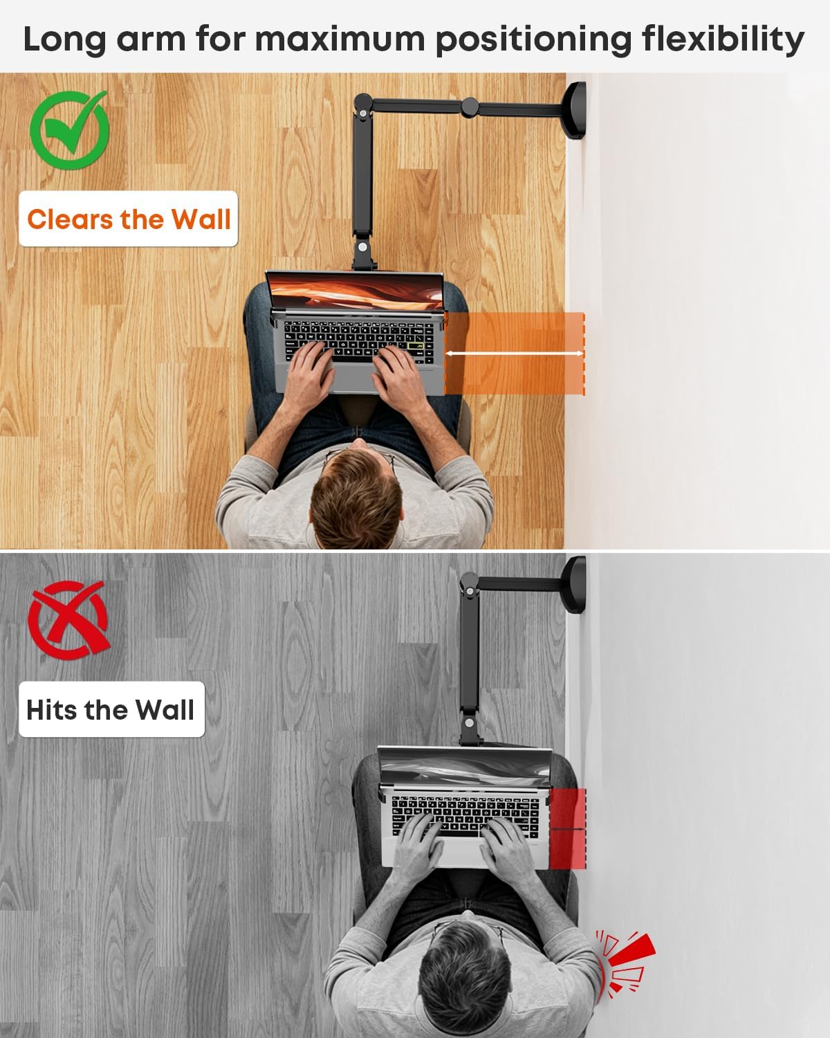 Long Arm 2-in-1 Laptop Wall Mount with Detachable Tray for 12-17'' Laptops