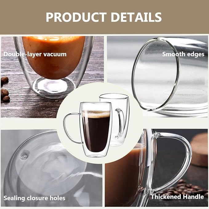 DINGPAI 15 oz Double Walled Glass Coffee Mugs, Large Coffee Mug