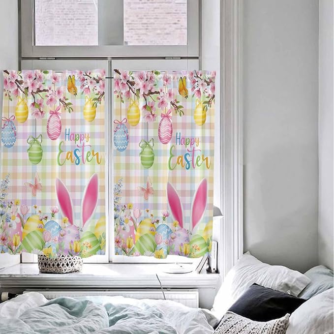 Happy Easter Kitchen Curtains 54 Inches Length, Spring Bunny Colorful Eggs