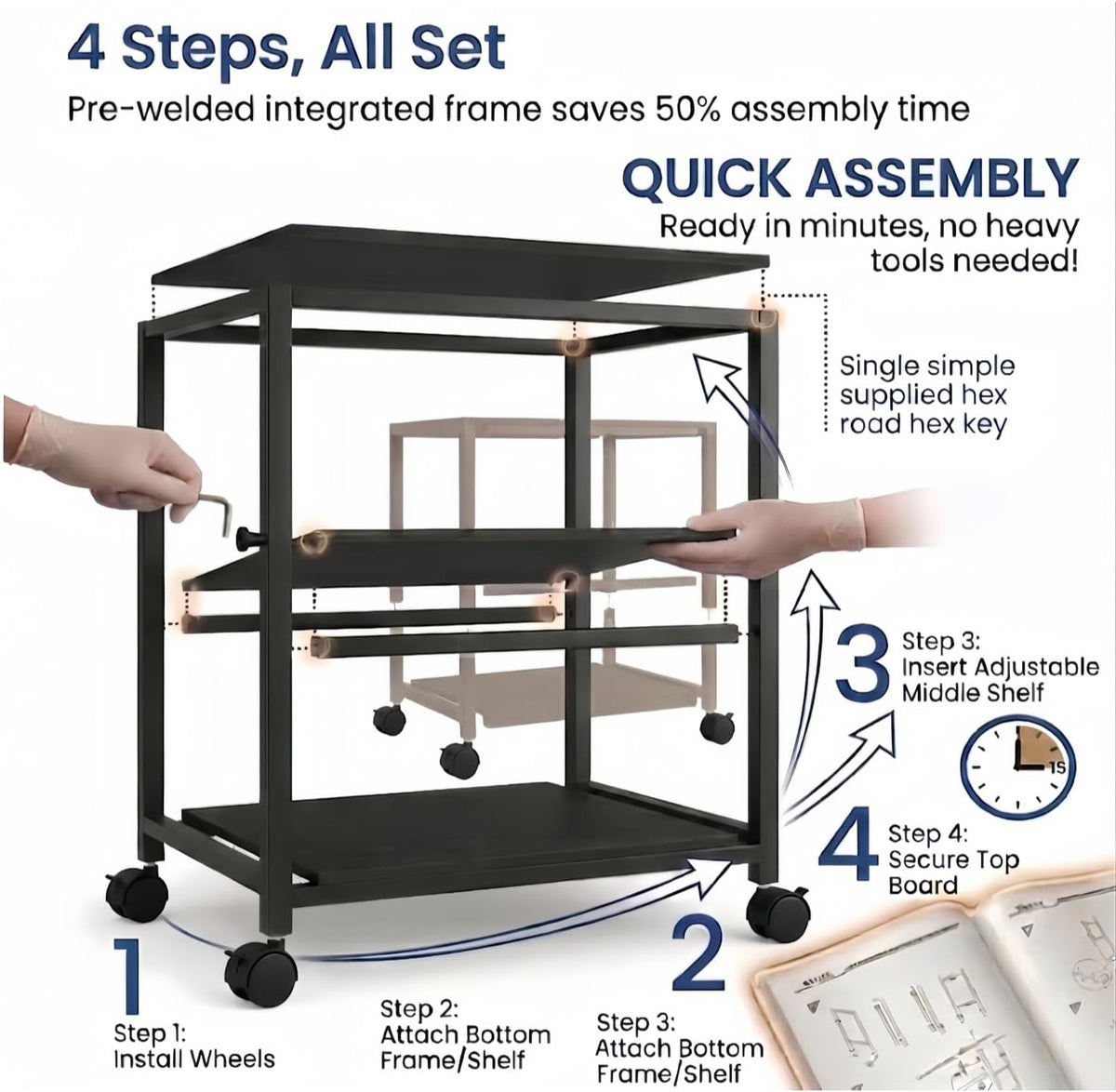 31.5" Heavy Duty Large Printer Stand with Adjustable Storage Shelf, Black