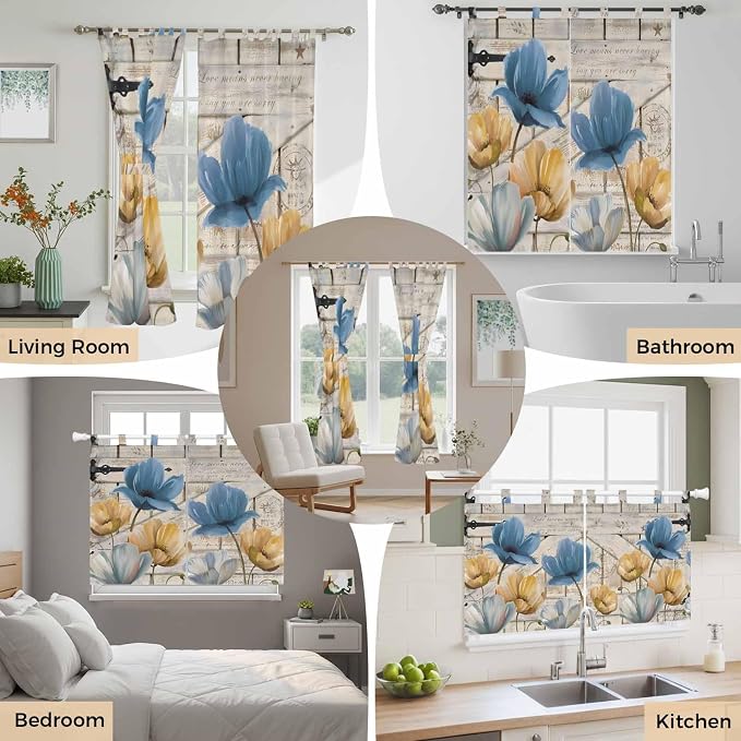 Blue Yellow Tulips Bathroom Curtains 63 Inch Length, Window Curtains Tab Top
