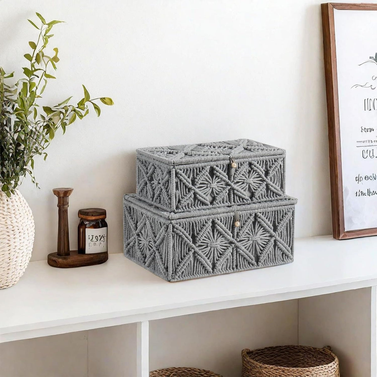 2PCS Decorative Boho Storage Basket with Lid Natural Macrame Box