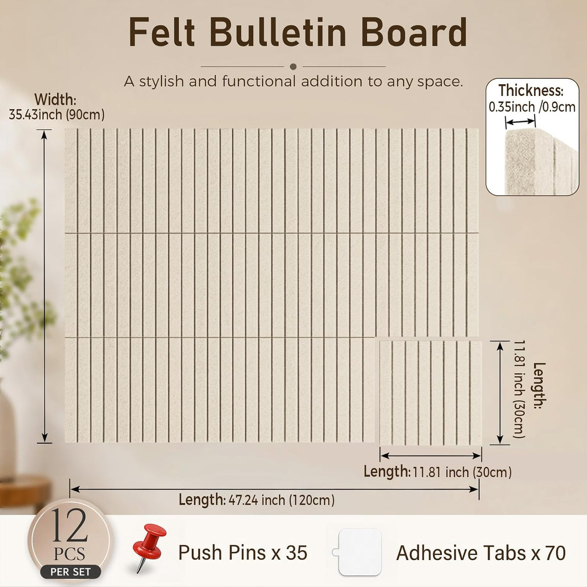Large Felt Bulletin Board 48" x 36" Cork Board Alternative-12 Pack with 70 Safe Removable Adhesive Tabs, 35 Pushpins Notice Board for Walls Home Office Classroom Pin Board -Oatmeal