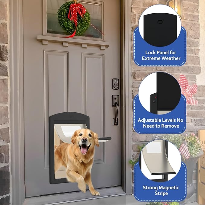 [Classicmacher] Black Frame Dog Doors for Medium Dogs, Strong Plastic Pet Door with Sliding Lock Panel and Magnetic Soft Flap, Doggy Door for Door, Doggie Door (Medium, Mattle Black)