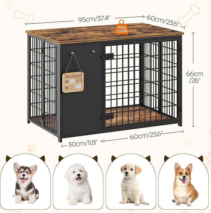 Foldable Dog Crate Furniture, Dog Crate with DIY Frame, Heavy Duty Dog Kennel Indoor with Hooks, Wooden Dog Cage End Table, for Small/Medium Dogs, Rustic Brown and Black DC95BR
