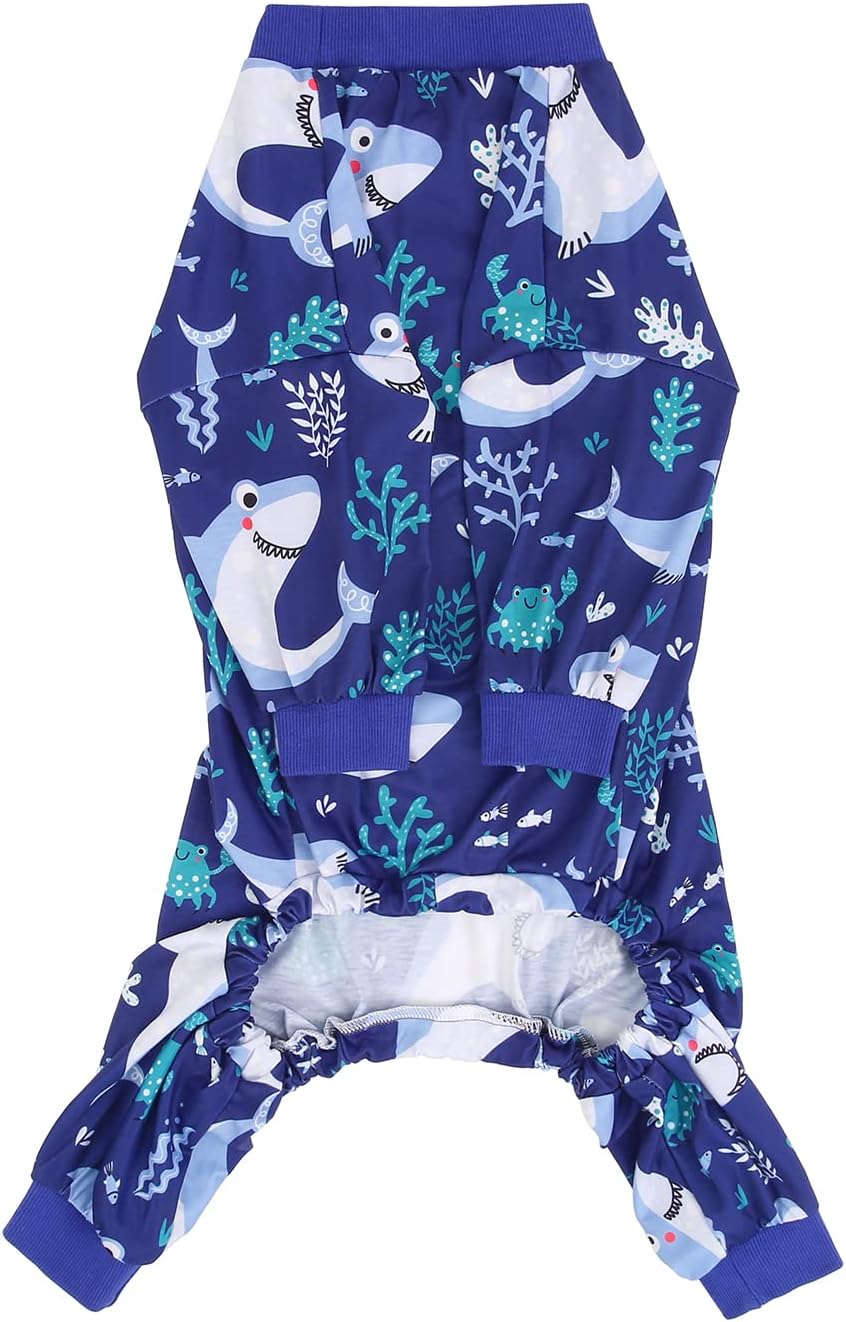 HDE Dog Pajamas One Piece Jammies Jumpsuit Pet Clothes Outfit Stretchy Lightweight Comfy Shirt Pjs for M-3XL Dogs Sharks - M