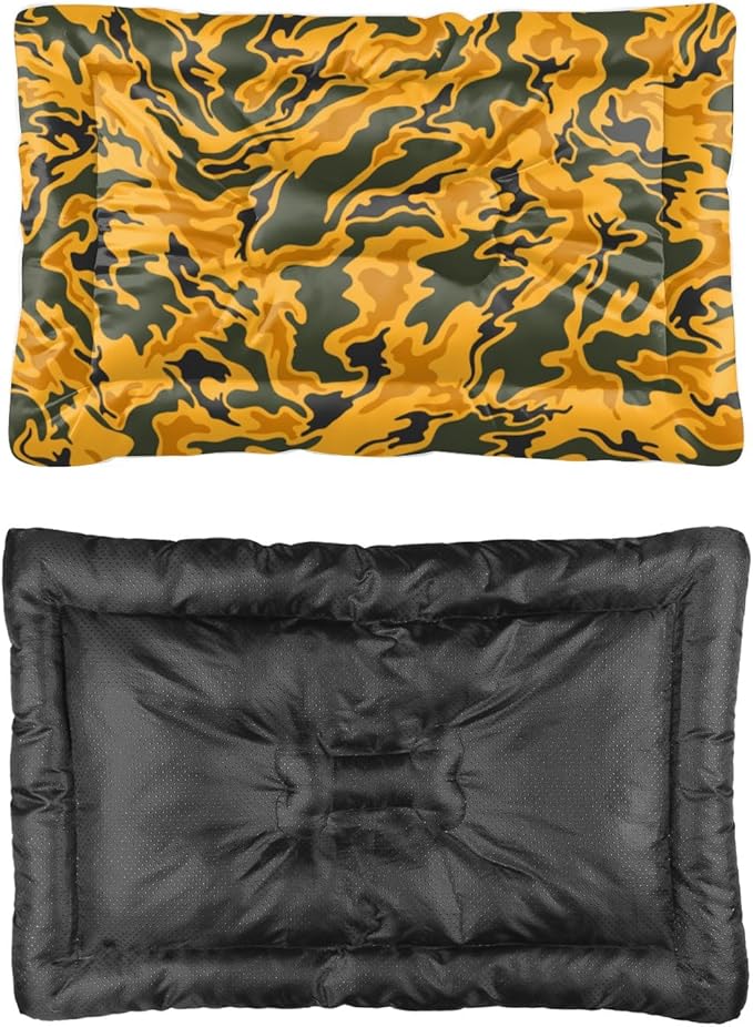 Yellow-Green Swirl Camo Cage Bed for Dog Crate Large Dog Mat Kennel Pad Crate Cushion Washable Non-Slip Washable Bed Kennel Mats for Cages Pillows Indoor Outdoor 24X18 Inch