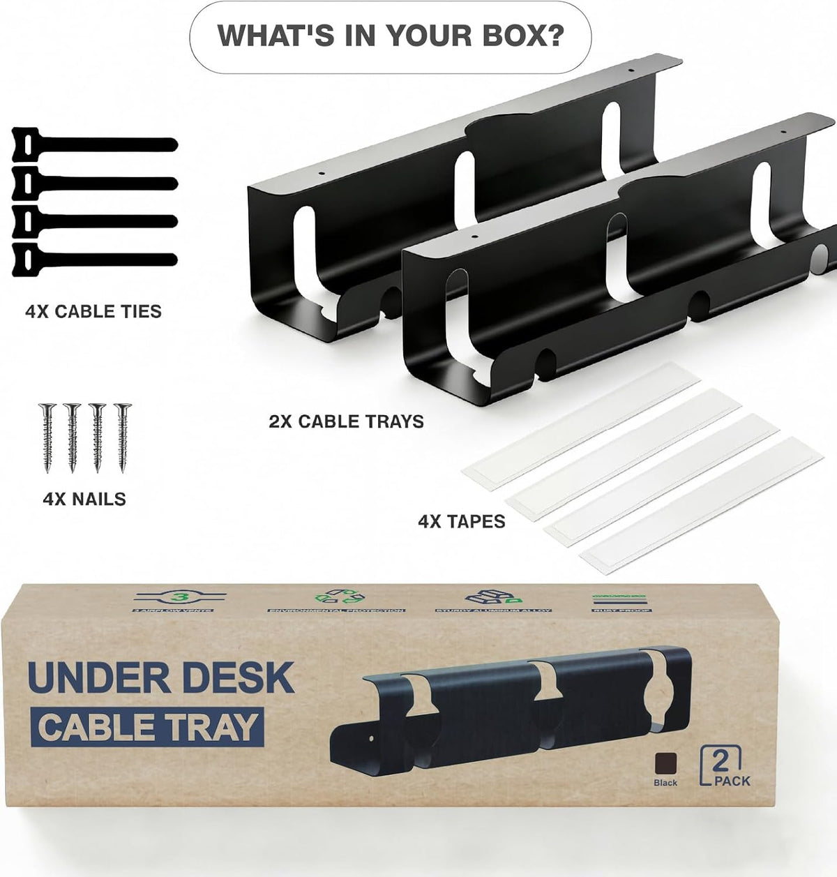Under Desk Cable Management Tray, 2-Pack 16" Cable Raceway