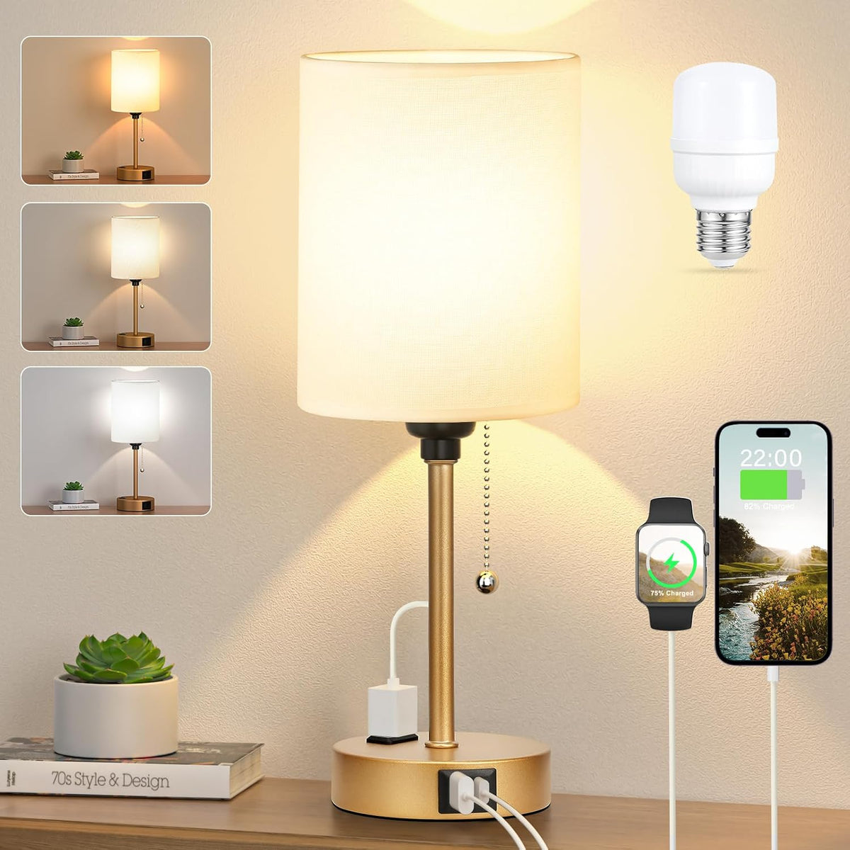 Small Bedside Lamp for Nightstand, Gold Desk Lamp for Dorm Room Bedroom