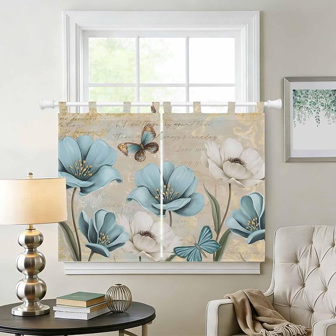 Spring Flowers Kitchen Curtains 45 Inch Length, Short Cafe Window Curtains Tab