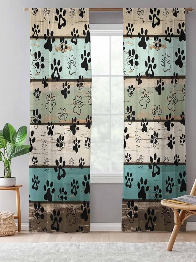 Sheer Curtains 108 Inches Long, Sage Green Brown Paw Prints Semi Sheer Curtains