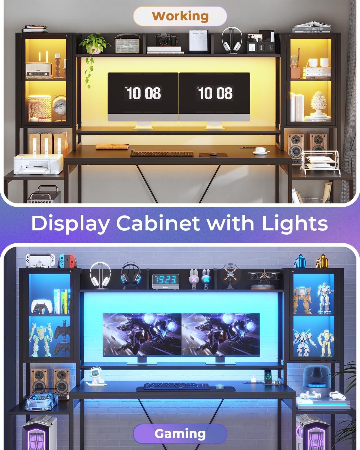 SEDETA Gaming Desk 75'' with LED Lights, Hutch and Storage Shelves, Black