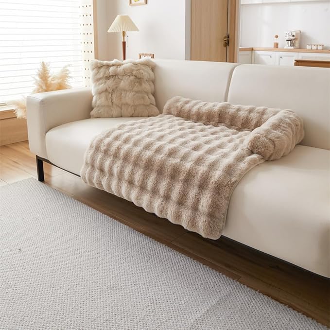 Calming Dog Bed Mat, Fluffy Fuzzy Couch Cover for Sofa, Winter Thickened Pet Mat with Anti-Slip Bottom Warm Soft Cushion Washable Pet Bed for Small Dogs and Cats (Khaki, 75x75cm/29.5x29.5in)