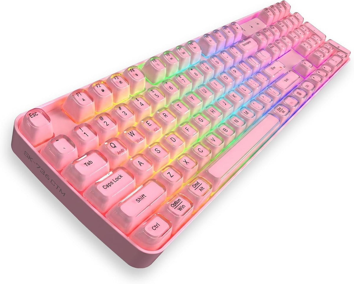 Lomiluskr RGB Arc Wireless Keyboard, BT/2.4G/Wired Tri-Mode, Full Size Crystal Texture Translucent Jelly Keycaps, 2000mAh Rechargeable, Compatible with PC/Notebook/Tablet/Smartphone (Pink)