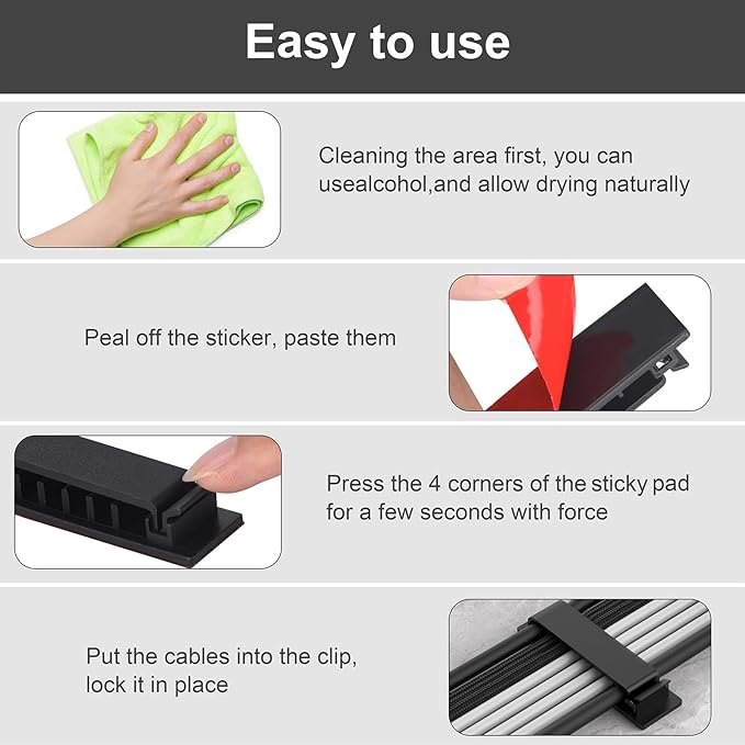 Cable Management Clips, 20Pcs Cord Organizers Wire Clips Cord Holder for TV PC Ethernet Cable Desk Home Office (Black)