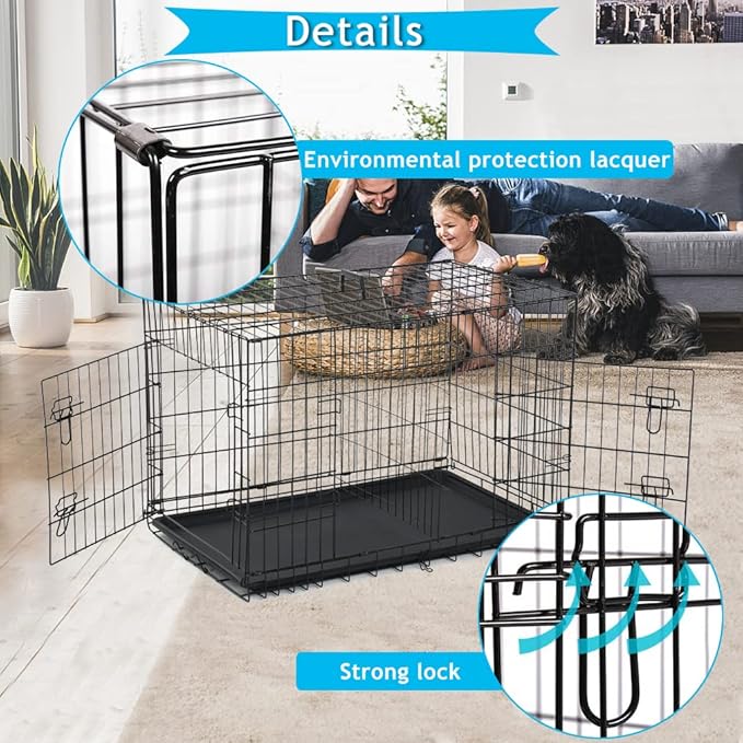 Dog Crate for Large Medium Small Dogs, Folding Dog Kennel Cage with Plastic Tray & Divider 48"/42"/ 36"/ 30"/ 24" Indoor Outdoor Metal Double Door Heavy Duty Dog Pen Enclosure, Black(24 Inch)