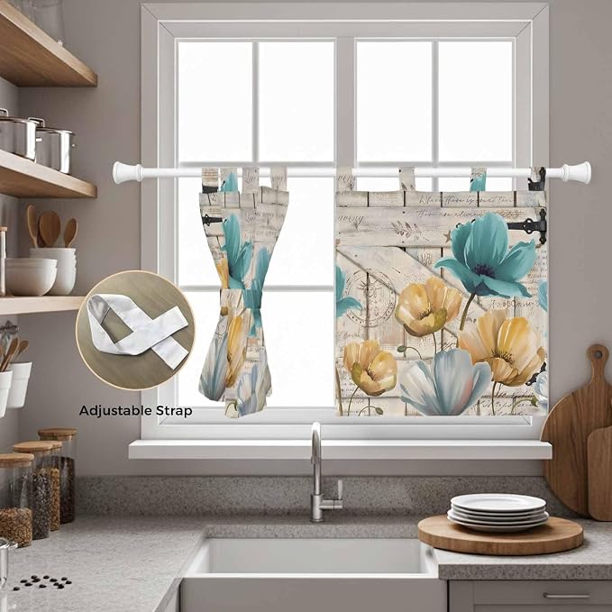 Watercolor Flowers Kitchen Curtains 24 Inch Length, Small Window Curtains Tab