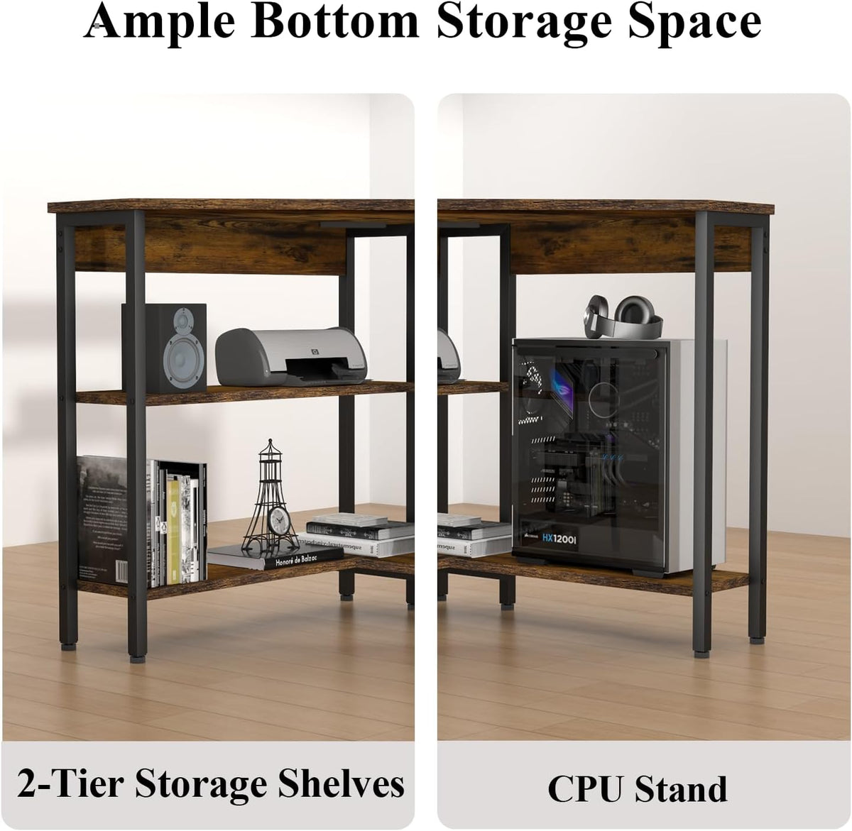 Triangle Corner Desk with Power Outlets, Storage Shelves for Small Space