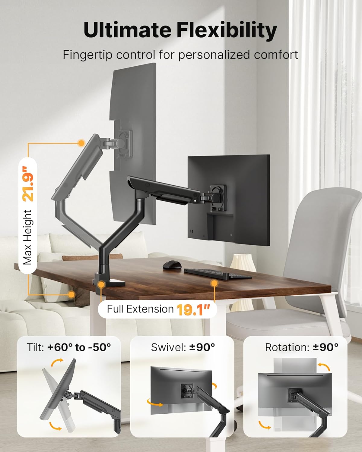 monTEK USB Monitor Arm for 17-57" Ultrawide, 59.4 lbs, Black