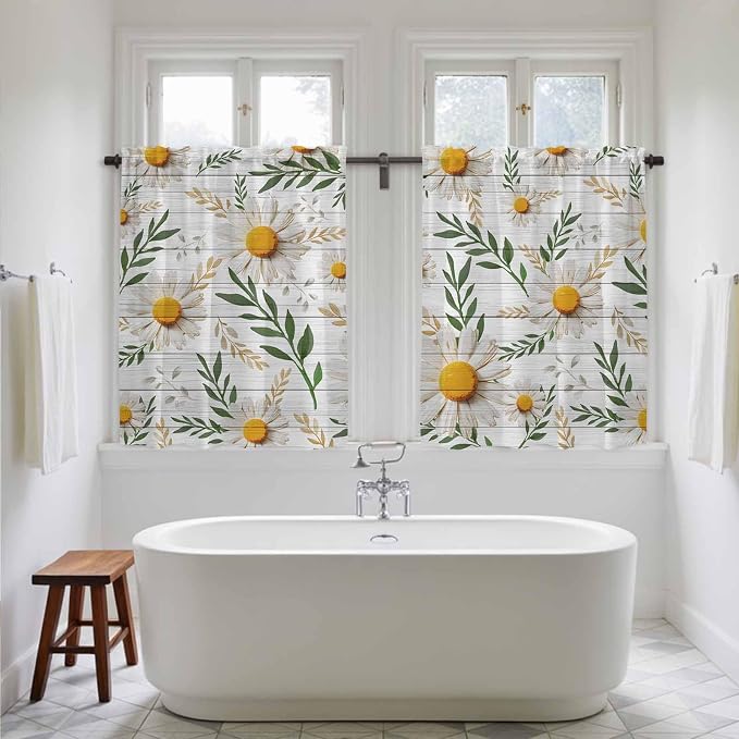 Spring Daisy Tier Curtains, Farmhouse Country Flower Leaf Plant Wood Grain