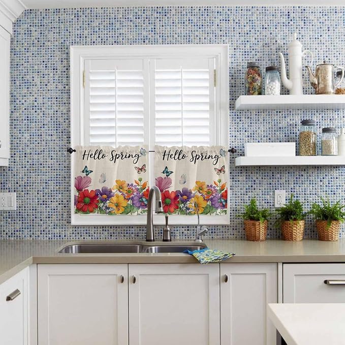 Spring Flowers Half Window Curtains 24 Inches Long, Farmhouse Vintage Country