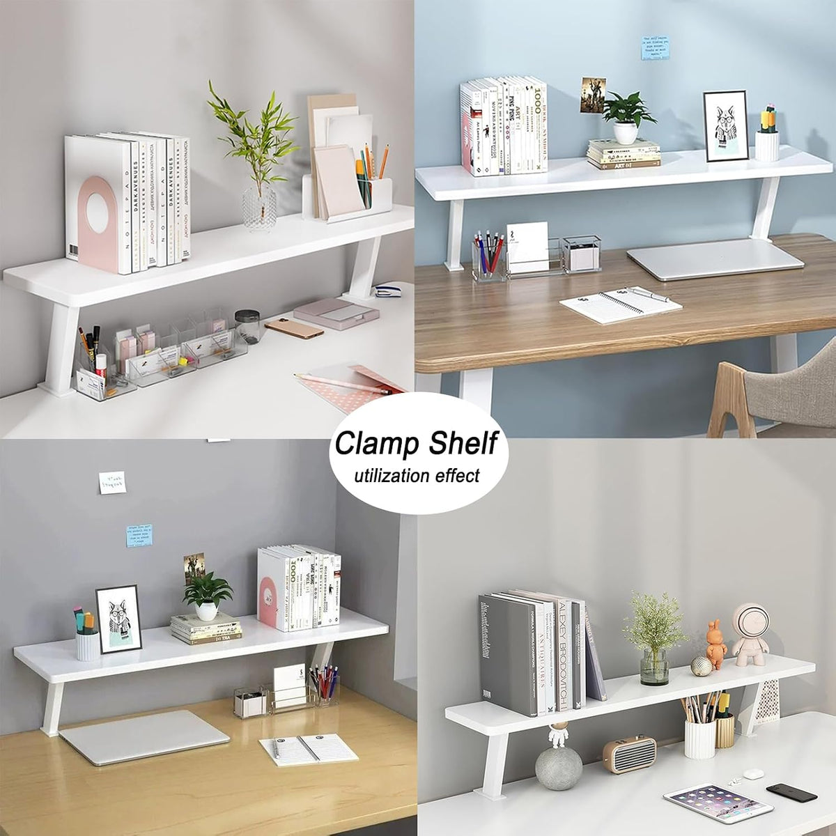 Clamp On Desk Organizer Shelf White, Above Desk Storage Extension Portable No Drill Required Bookcase Clamp Rack for Home Office Dorm Workstation and Study Space (White, 39.4x7.8 in)
