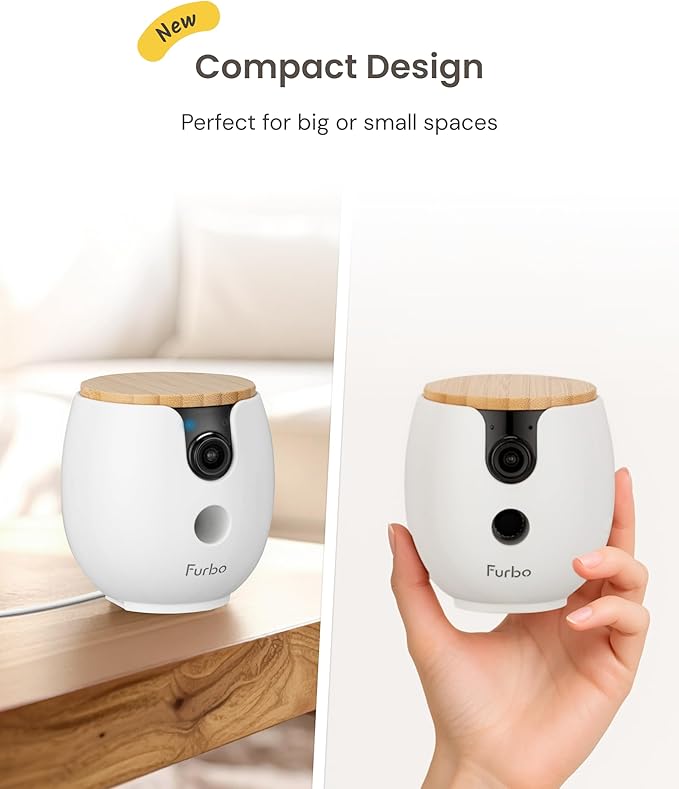 Furbo Mini 360° 2K QHD Pet Camera + Power Adapter: Dog & Cat Rotating Treat Dispenser w/Phone App, Smart Cam w/2-Way Speaker & Night Vision. No Subscription Needed. Standard See, Talk, & Toss Features