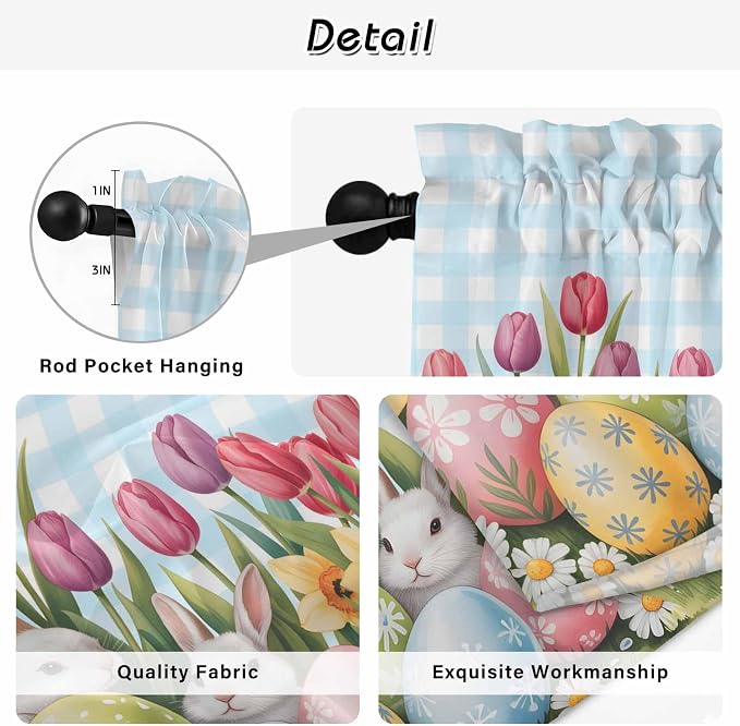 Easter Kitchen Tier Curtains 24 Inch Long 2 Panel Set, Rod Pocket Cafe Small