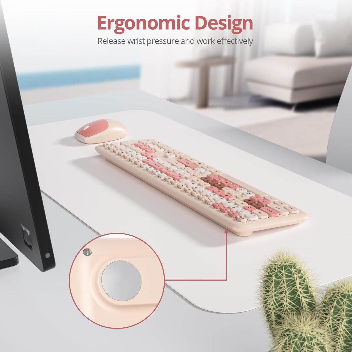 Wireless Typewriter Keyboard and Mouse Combo Retro 104 Key Full Size Office Set Milk Tea Keyboard with Silent Round Keycaps, Ideal for Laptop and Desktop PCs, Cute Design Keyboard (Milk Tea)