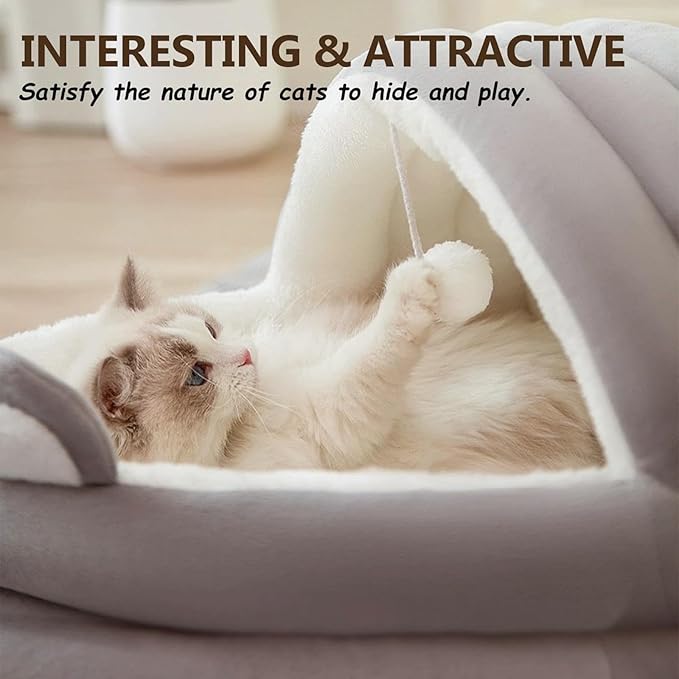 Cat Bed for Indoor Cats, Dog Bed with Anti-Slip Bottom, Rabbit-Shaped Cat/Small Dog Cave with Hanging Toy, Puppy Beds with Removable Cotton Pad, Super Soft Calming Pet Sofa Bed (Gray, Medium)