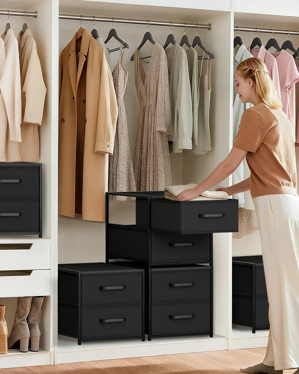 Homsorout Stackable Storage Drawers - 2 Tier Closet Organizer with Metal Frame and Handles, Fabric Dresser with Collapsible Bins for Bedroom, Dorm, Office, Black, 1 Pack