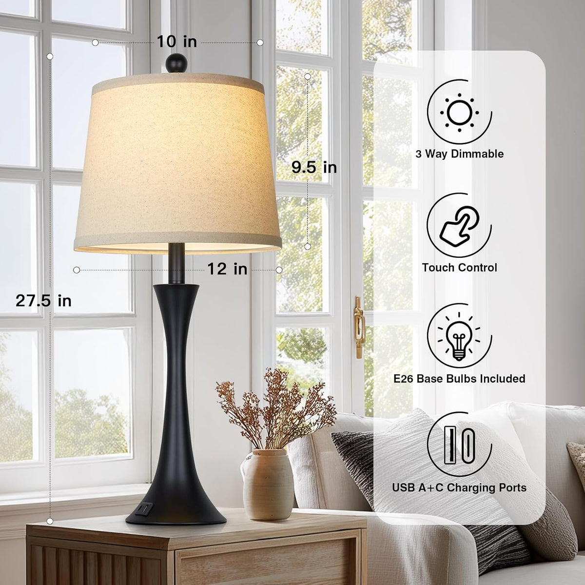 27.5" Black table Lamps for Living Room, Touch Control 3-Way Dimmable Bedside Nightstand Lamps Bedroom Lamp,Modern Black Table Lamp with USB A+C Ports,Tall Lamps for Living Room End Table（1Pack）