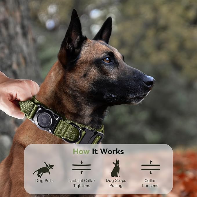 2025 Upgrade Waterproof AirTag Dog Collar, Military Tactical Dog Collar with AirTag Holder, Comfortable Control Handle and Metal Buckle, GPS Dog Collar Holder for Medium to Large Dogs (ArmyGreen, L)