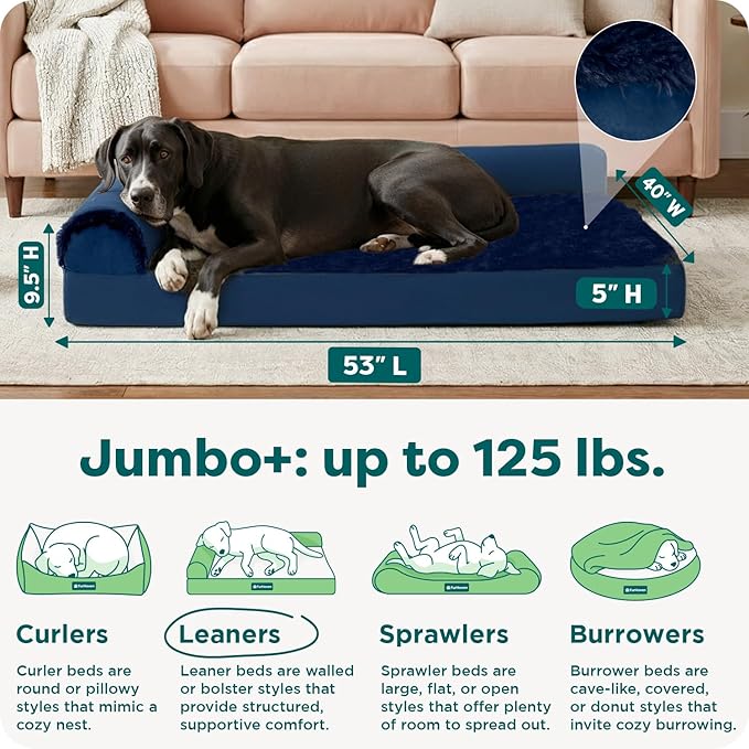 Furhaven Orthopedic Dog Bed for Large Dogs w/ Removable Bolsters & Washable Cover, For Dogs Up to 125 lbs - Plush & Velvet L Shaped Chaise - Deep Sapphire, Jumbo Plus/XXL