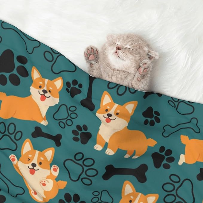 Corgi Dog Blanket for Pet - Yellow Puppy Throw Blanket 40x30 Blue Black Blankets for Puppy Dogs Cats