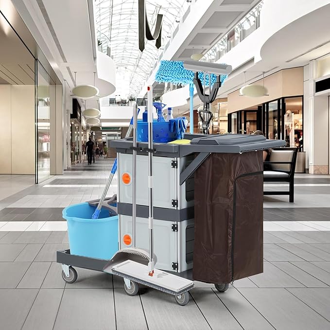 Janitorial Cart with 2 Cabinet, Commercial Traditional Janitorial 3-Shelf Cleaning Cart On Wheels with Cover and Vinyl Bag, Grey