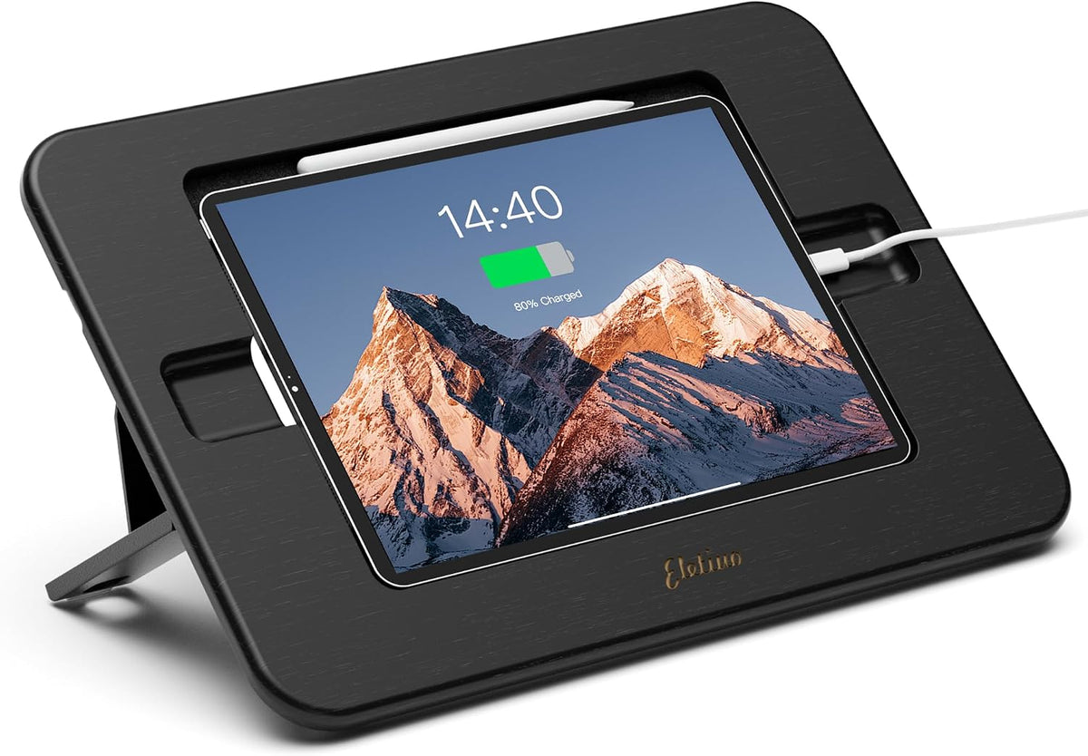 ELETIUO Bamboo Tablet Drawing Stand,Multi-Angle Adjustable Holder with Pencil Wireless Charger& Cable Slot,Foldable&Portable Reading Stand,Compatible with 9.7/10.2/10.5/10.9/11 inches,Black
