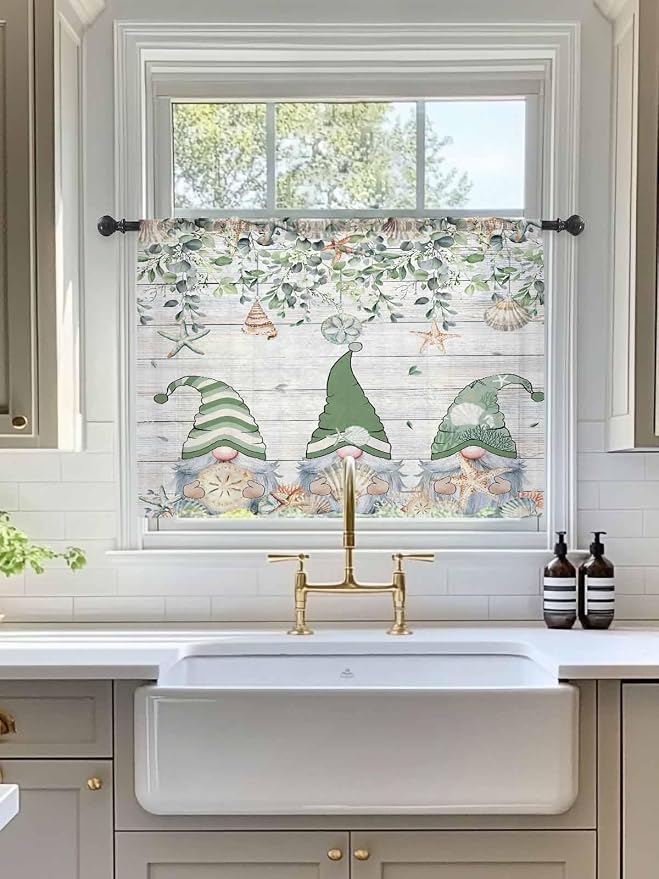 Sheer Curtains 45 Inch Length, Coastal Eucalyptus Leaf Semi Sheer Curtains
