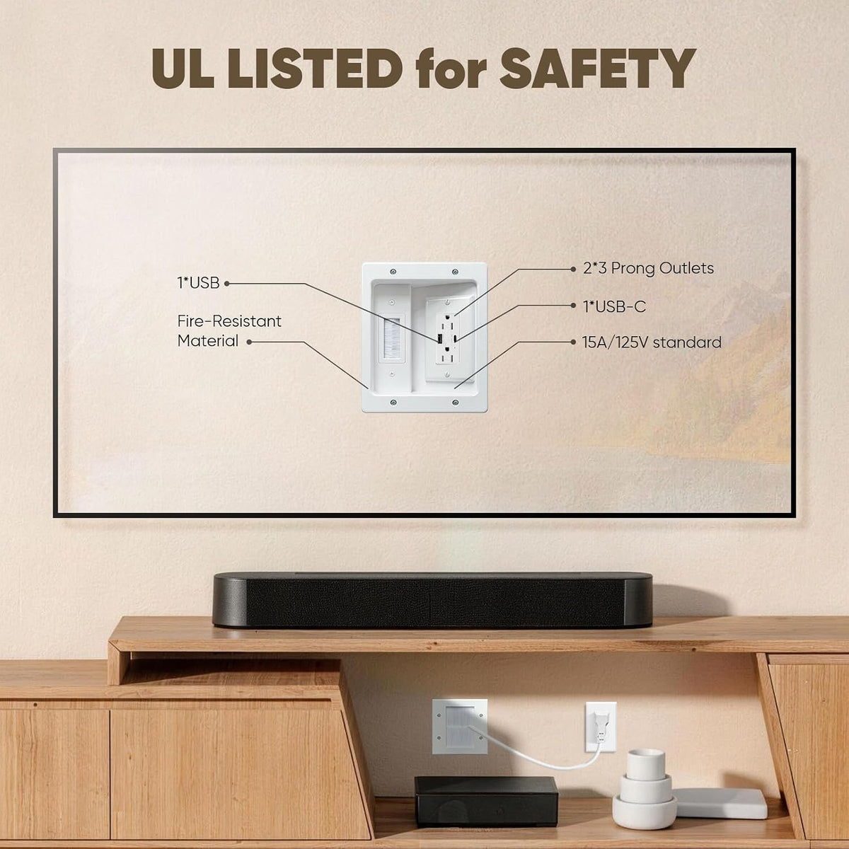 in Wall Cable Management Kit with Brush Wall Plate TV Cable Hider Wall Kit-UL Listed, 9.8FT Cord, Recessed AC Outlets Box with USB+USBC Port for Wall-Mounted TV and Home Theater