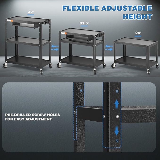 Extra Large Rolling Computer Cart with Power Strip - 3 Tier Steel Utility AV Cart with Wheels - Height Adjustable Mobile Workstation Media Carts for Presentation Office Classroom, 34" x 18" x 42"