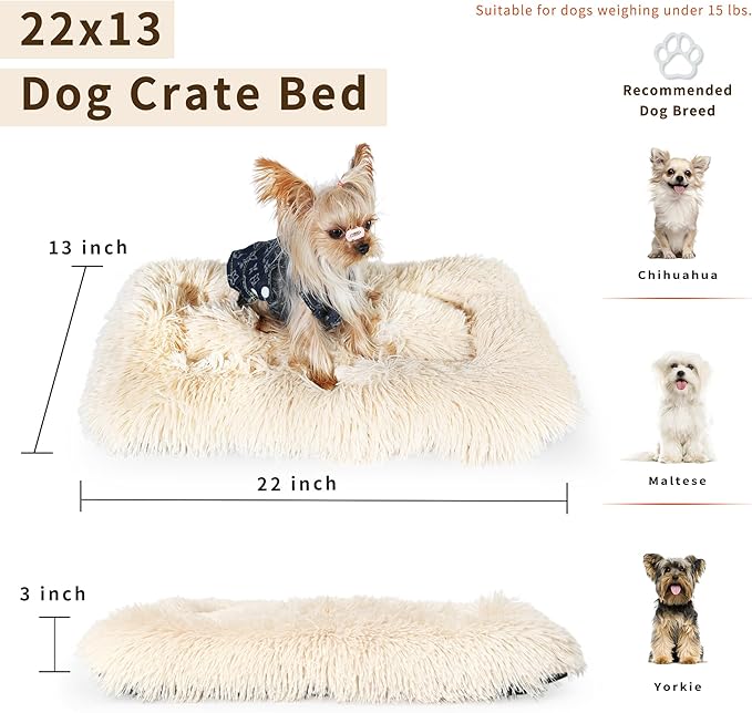 nononfish Extra Small Dog Crate Bed, 22"x13", Faux Shag Fur, Non-Skid Bottom