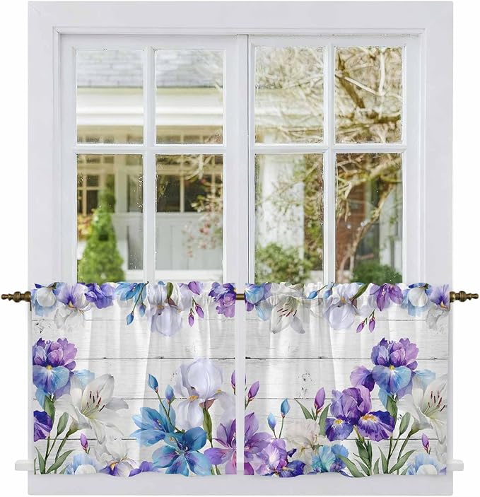 Spring Flowers Tier Curtains, Watercolor Garden Florals Wooden Grain Light