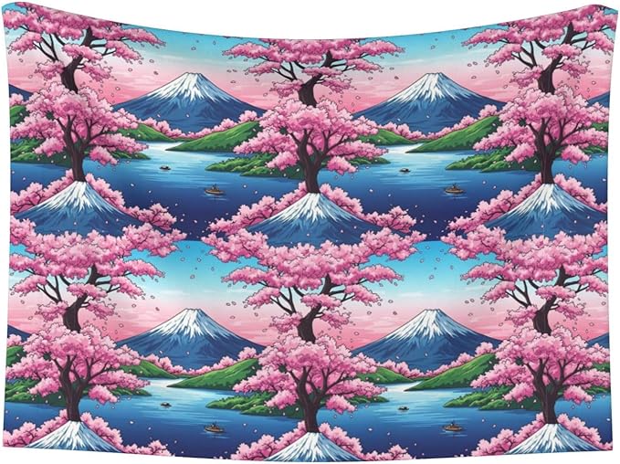 Two Sided Plush Pet Blanket for Warmth Comfort, Hokusai Japan Ink Cherry Flower Mount Fuji Painting, Reversible Throw with Cozy Nubby Side for Chilly Nights Napping Spots Around House