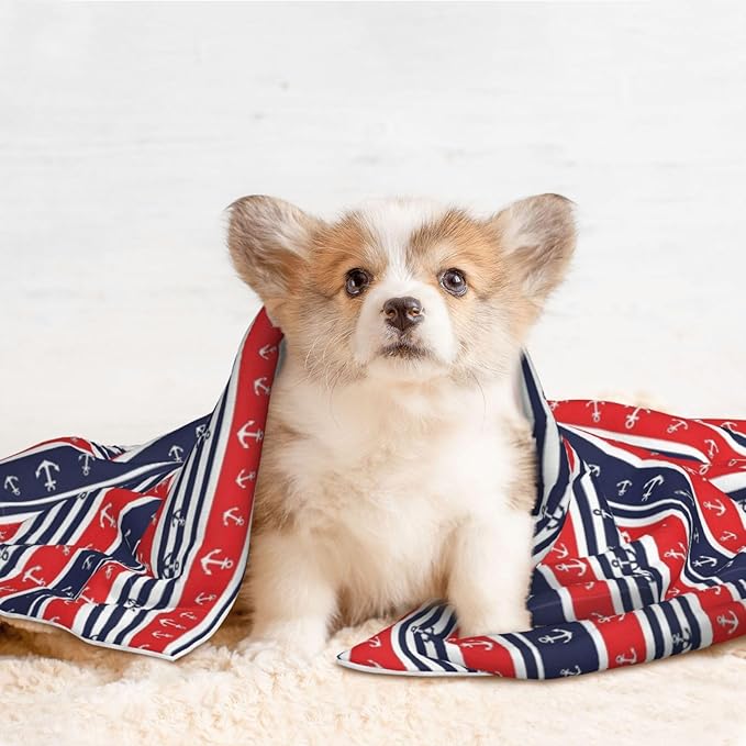 Double Sided Pet Bed Blanket for Added Cushion Warmth, Nautical Anchor Seamless Pattern Blue and Red Stripe, Reversible Cover with Textured Dot Surface for Existing Beds Standalone Mat