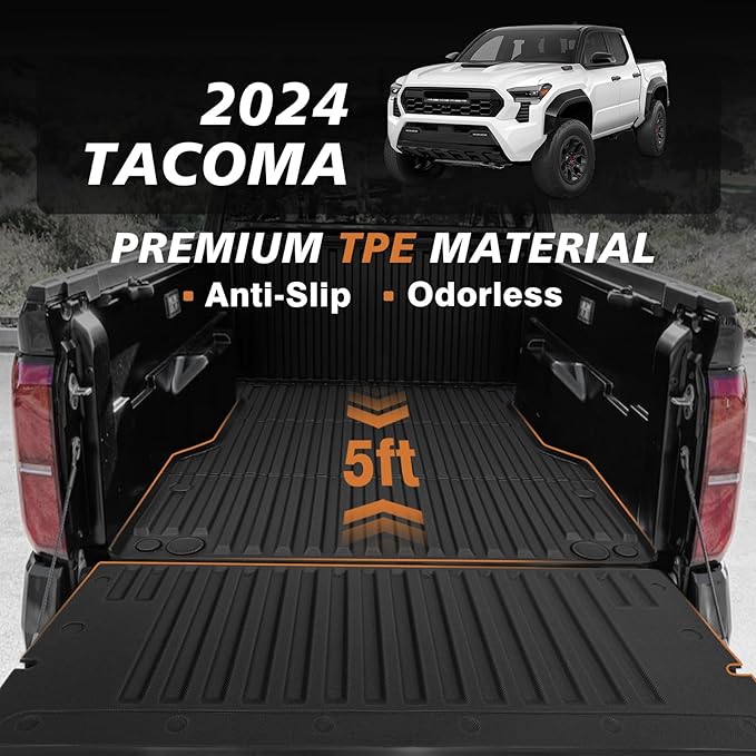 TripleAliners for Tacoma 2024 2025 | Truck Bed Mat & Tailgate Mat | All Weather Liners Compatible with 2024+ Toyota Tacoma Accessories Cargo Liner Protection (Fit 5FT Truck Bed), 2PCS