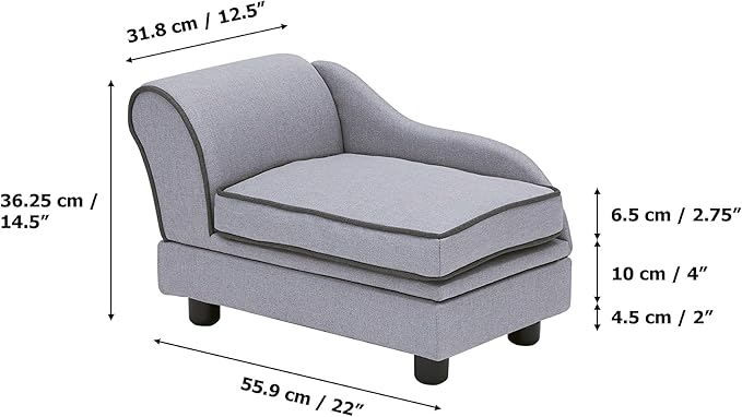 Teamson Pets Ivan 22 Inch Long Upholstered Chaise Lounge Sofa Dog Bed with Removable Cushion and Underneath Storage for Cats & Small Dogs, Light Gray