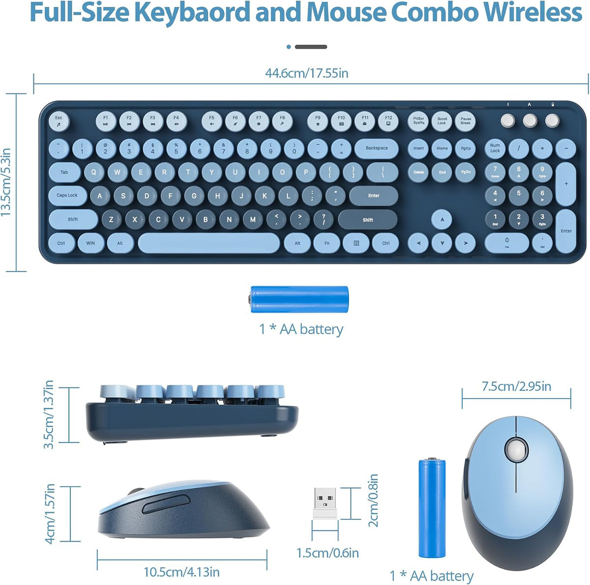 Wireless Keyboard and Mouse Set, Retro Typewriter Sea Blue
